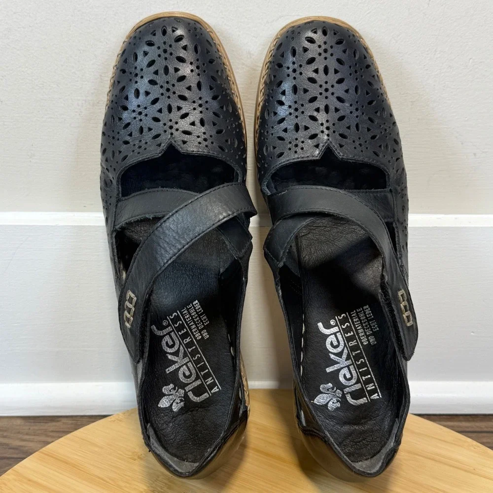 Rieker Antistress Mary Jane Women 40 Black Laser Cut Leather Boho Casual Comfort